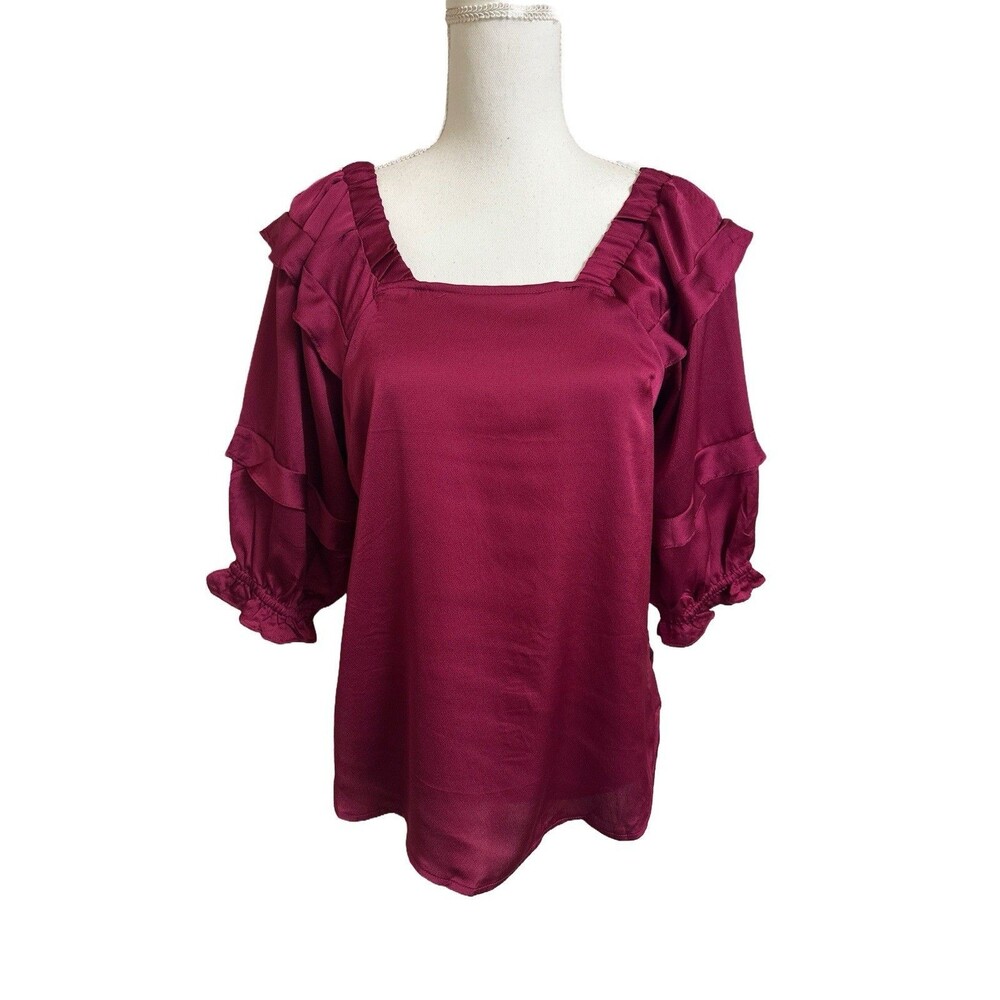 Liz Claiborne PXS Petite XS Satin 3/4 Sleeve Square Neck Top Blouse 3/4 Sleeve